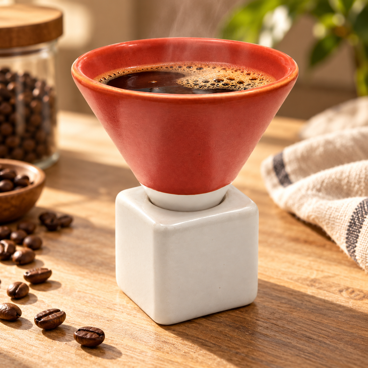 A ceramic pour-over coffee maker with a terracotta red cone-shaped filter sitting on a white square base, filled with coffee and set on a wooden table with scattered coffee beans.