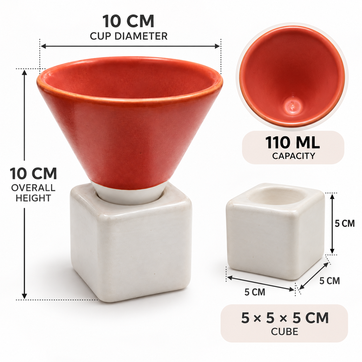 A ceramic cup and base set with dimension callouts: a red-orange cone-shaped cup on a white cube base, shown with labels for 10 cm cup diameter, 10 cm overall height, 110 ml capacity, and a 5 x 5 x 5 cm cube base.