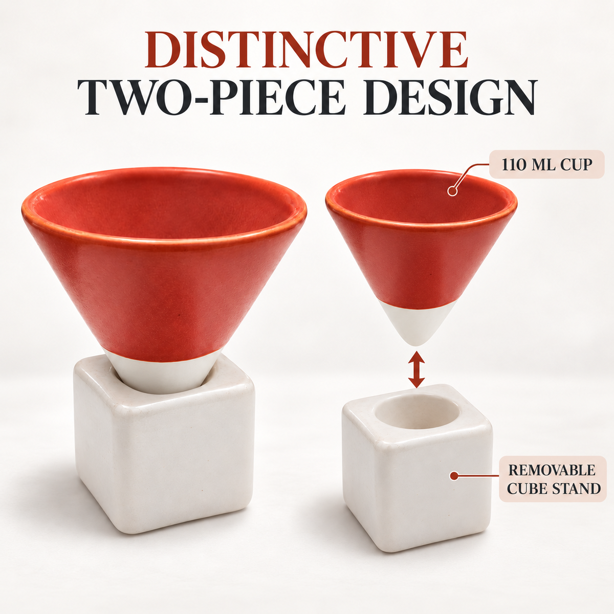 A two-piece coffee cup set with a red and white ceramic cone-shaped dripper and a white cube-shaped stand, shown with text callouts explaining the removable stand and 110 ml cup capacity.