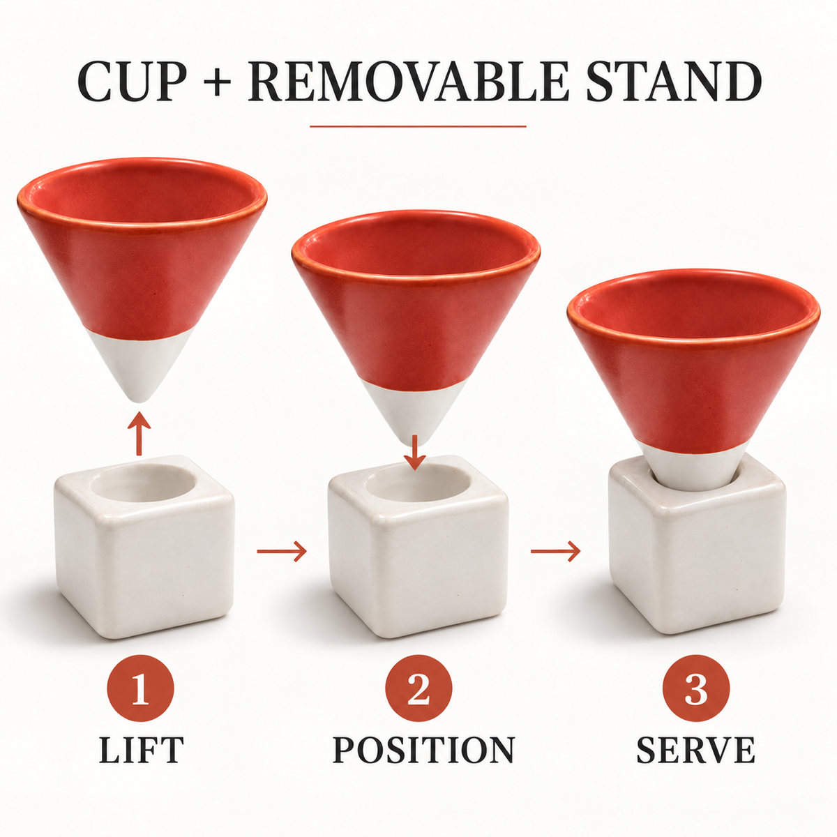 Instructional diagram showing a red and white cup with a removable white square stand, labeled 1 Lift, 2 Position, and 3 Serve, on a white background.