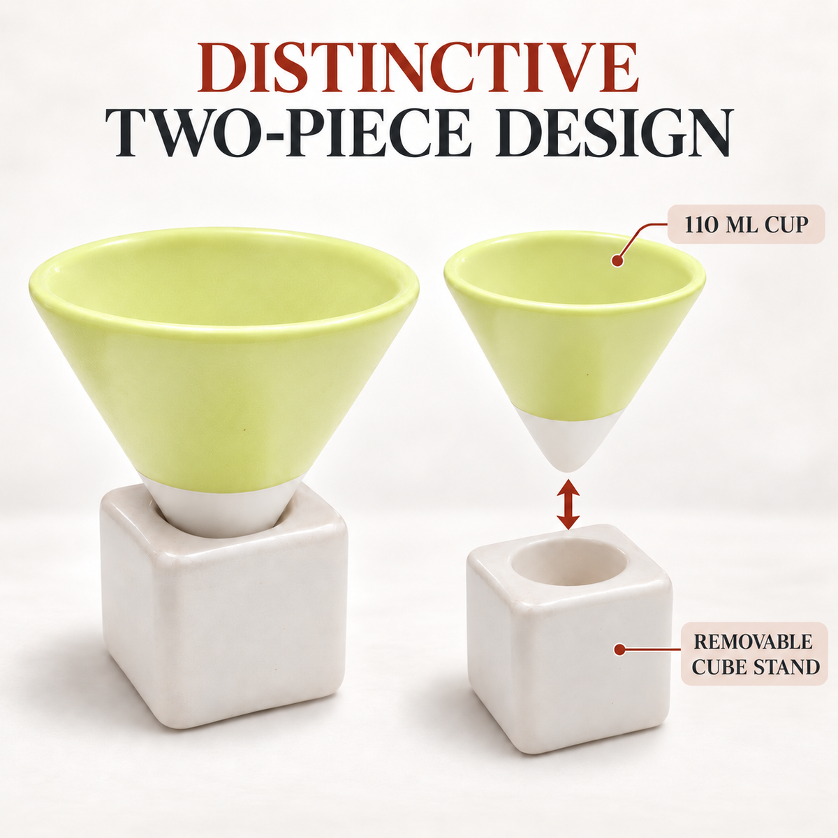 A ceramic two-piece set featuring a light yellow and white conical cup and a white cube-shaped stand, with text labels indicating a 110 ml cup and removable cube stand.