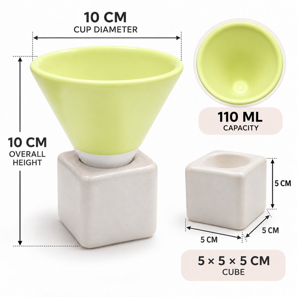 A ceramic cup and saucer set with dimension annotations, showing a light yellow cone-shaped cup on a square off-white base. The image includes labeled callouts for 10 cm cup diameter, 10 cm overall height, 110 ml capacity, and a 5 x 5 cm cube base.