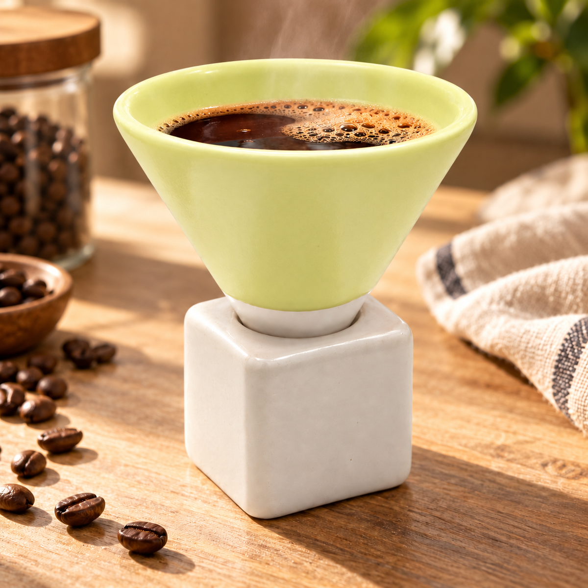 A ceramic coffee cup with a light yellow conical filter chamber and a white square base, shown filled with dark coffee on a wooden table with scattered coffee beans and a cloth nearby.