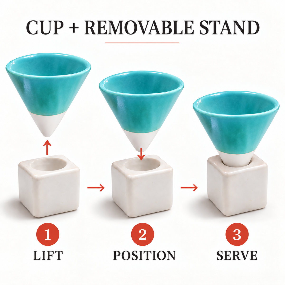 Instructional diagram showing a teal and white ceramic cup with a removable square stand, labeled 1 Lift, 2 Position, and 3 Serve, on a white background.