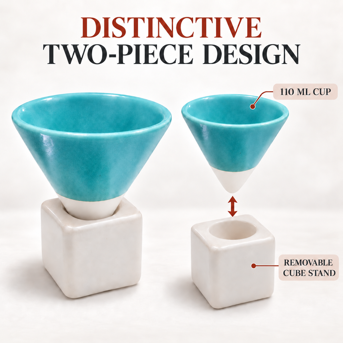 A two-piece ceramic coffee cup set featuring a turquoise and white conical cup and a matching white cube-shaped stand, shown with text labels explaining the removable stand and 110 ml cup capacity.