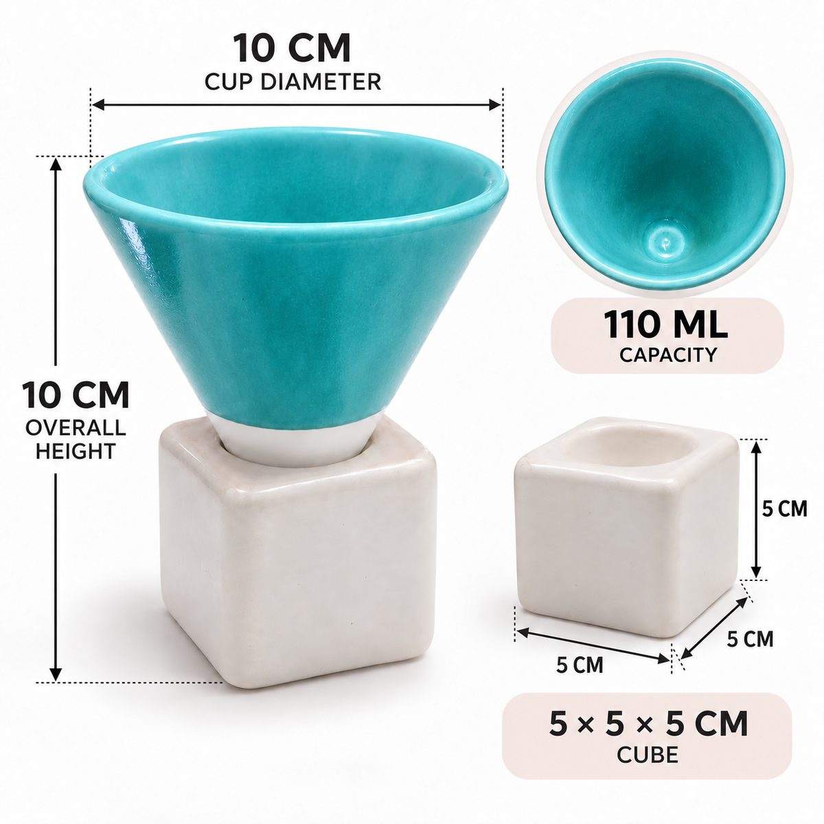 A turquoise and off-white ceramic cup and cube planter set with overlaid dimension labels showing 10 cm cup diameter, 10 cm overall height, 110 ml capacity, and a 5 x 5 x 5 cm cube base.