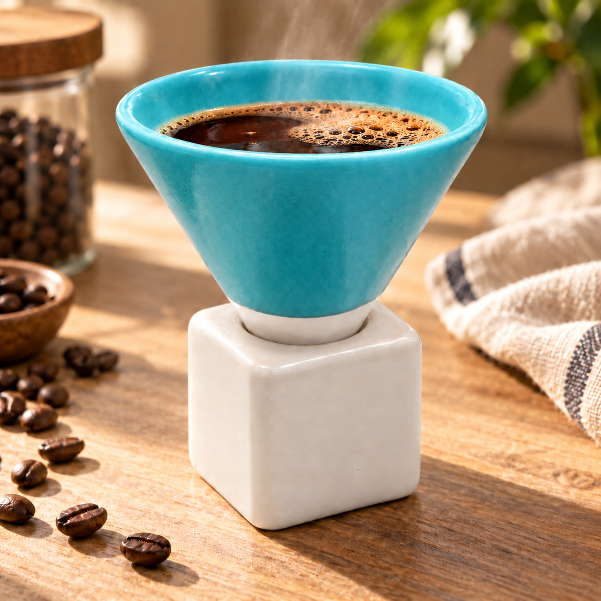 A ceramic coffee cup with a bright turquoise blue cone-shaped dripper and a white square base, filled with freshly brewed coffee, set on a wooden table with scattered coffee beans.