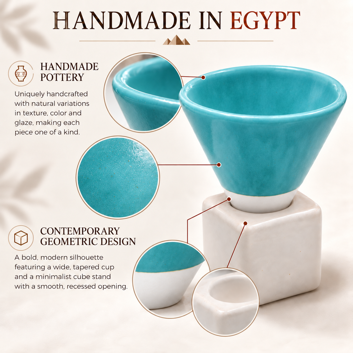 A turquoise and white ceramic cup against a warm beige background with text overlays highlighting its handmade Egyptian pottery and contemporary geometric design.