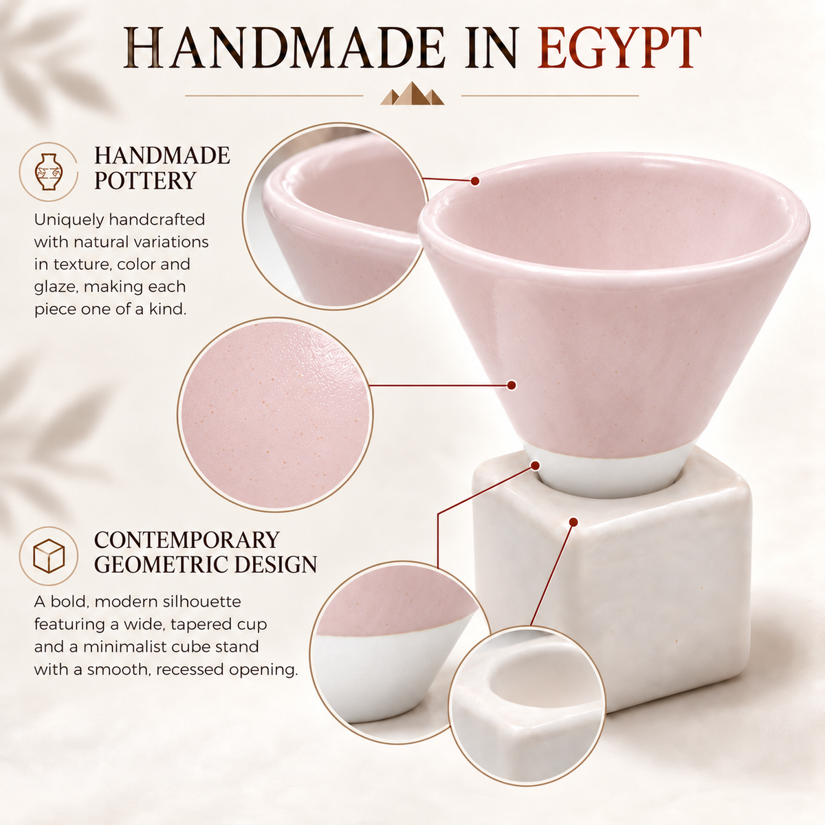 A pink and white ceramic cup set on a white background with marketing text and circular detail callouts. The main product shows a tapered pink top bowl resting on a white cube-shaped base with a small open cup.
