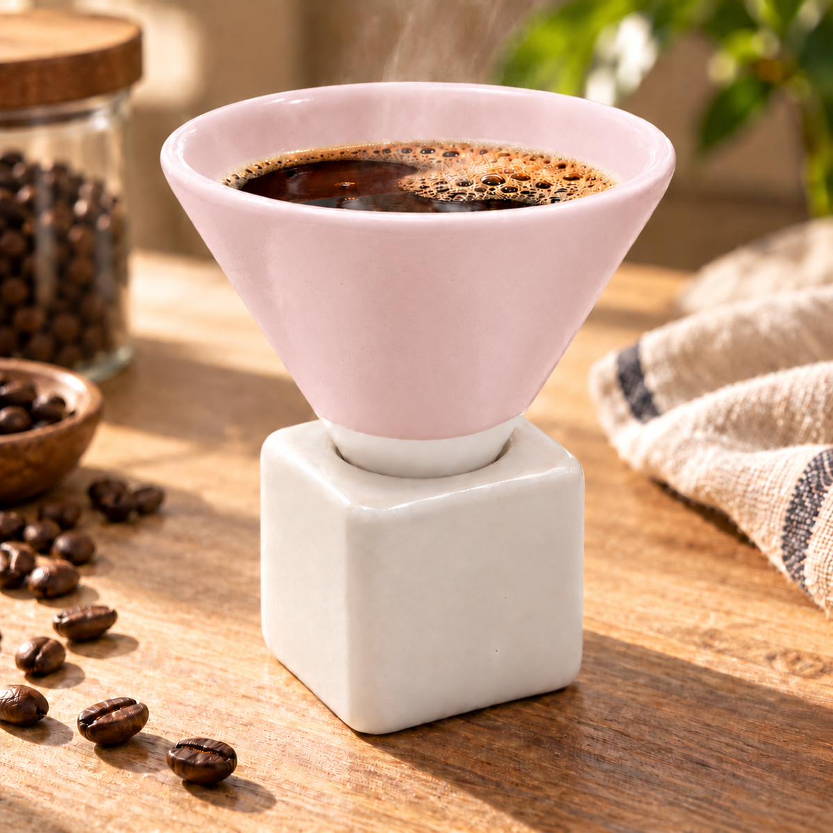 A pink cone-shaped coffee cup resting on a white square base, filled with brewed coffee, set on a wooden table with scattered coffee beans and a cloth in the background.