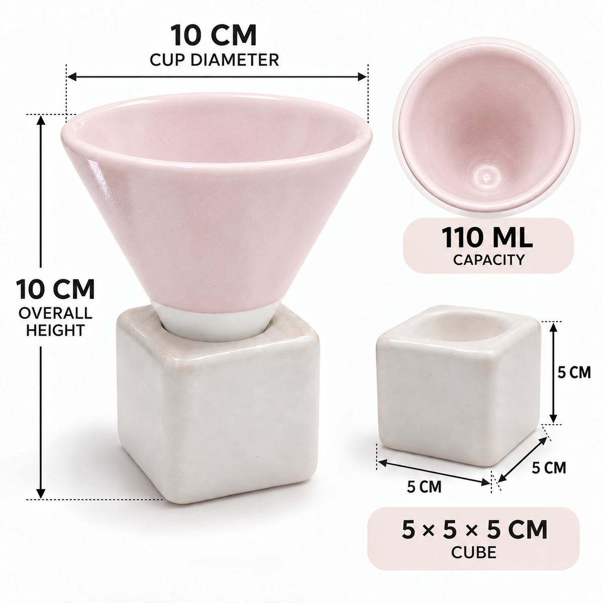 A pink and white ceramic funnel-shaped cup with a square pedestal base, shown with dimension labels, capacity label, and a small inset of the base size on a white background.