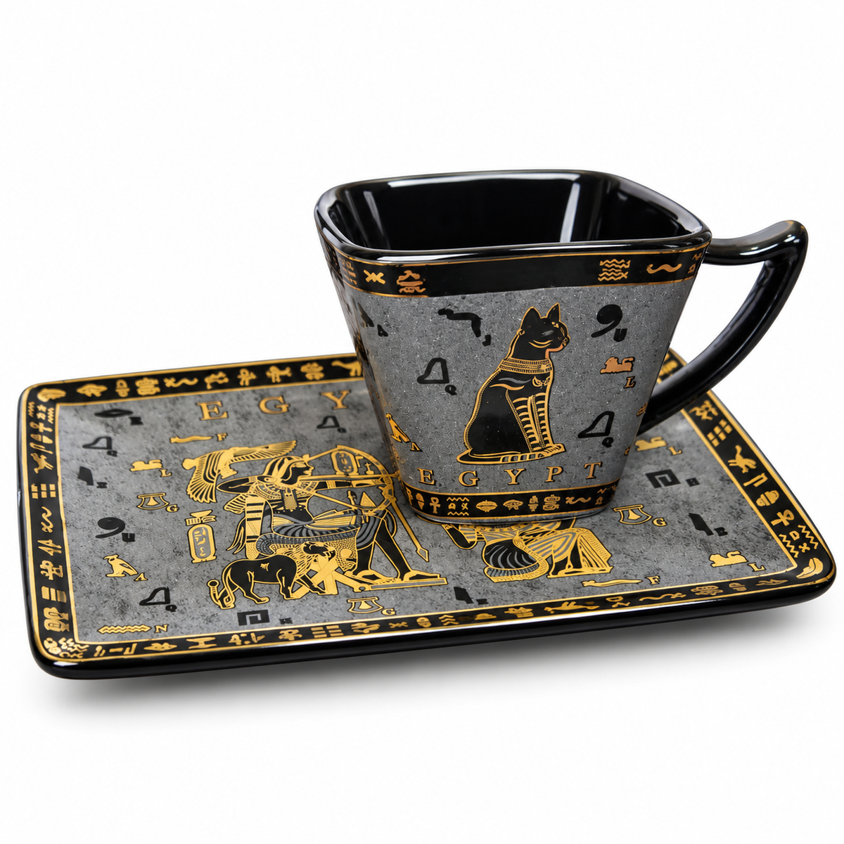Egyptian Porcelain Espresso Cup & Saucer – Bastet Black & Gold, 80 ml