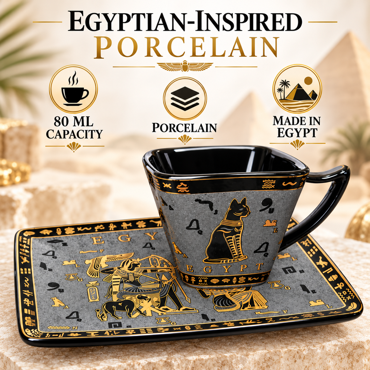 Egyptian Porcelain Espresso Cup & Saucer – Bastet Black & Gold, 80 ml