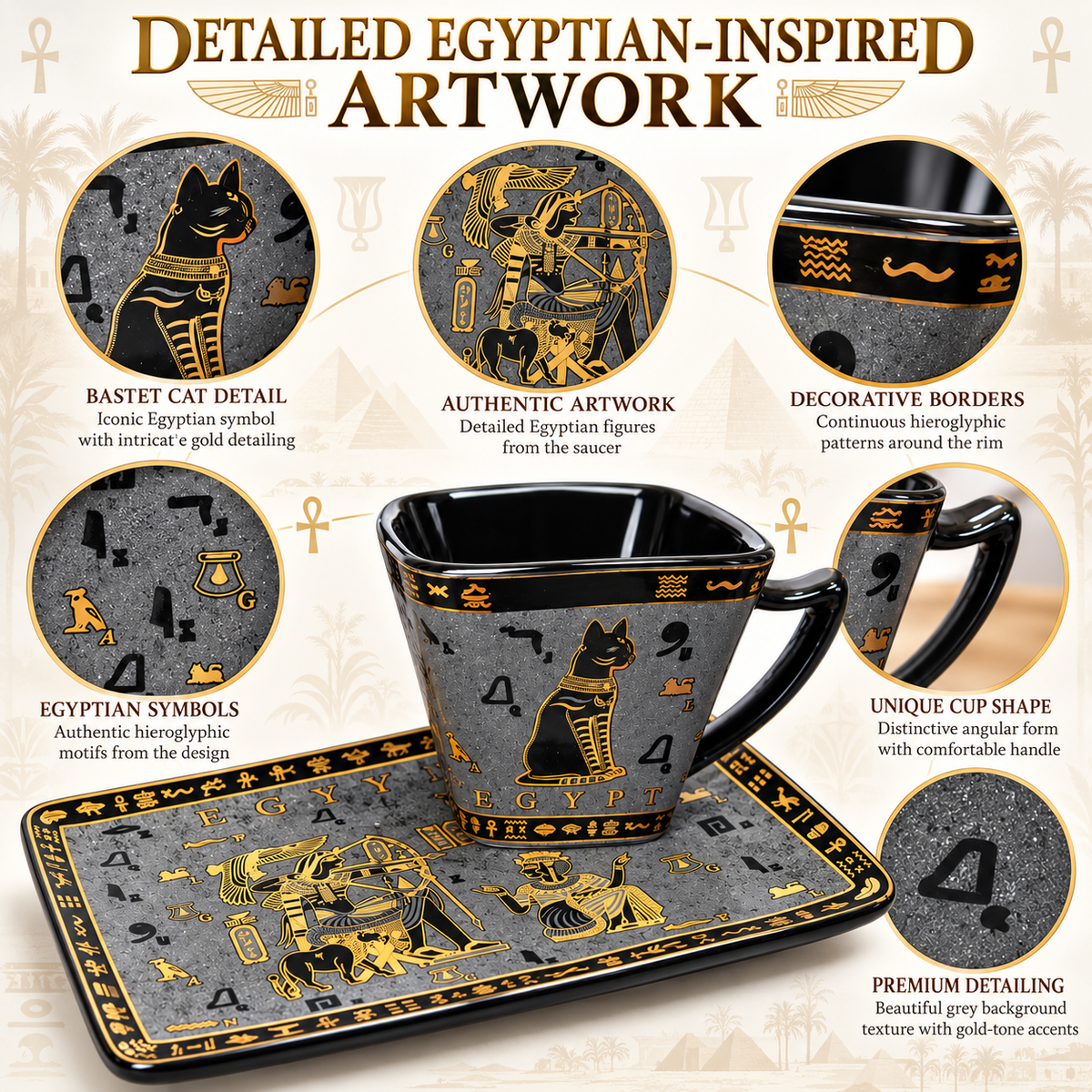 Egyptian Porcelain Espresso Cup & Saucer – Bastet Black & Gold, 80 ml