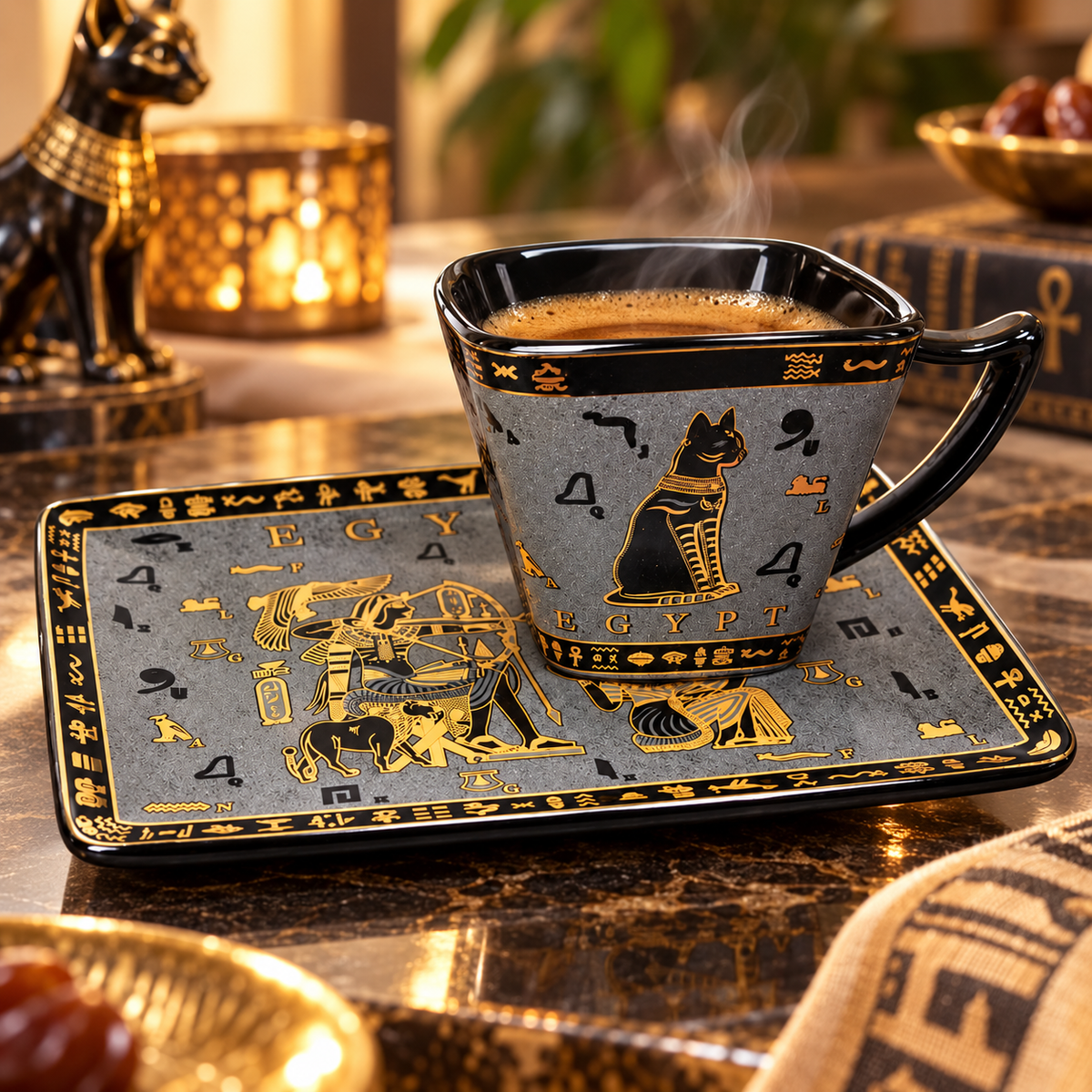 Egyptian Porcelain Espresso Cup & Saucer – Bastet Black & Gold, 80 ml