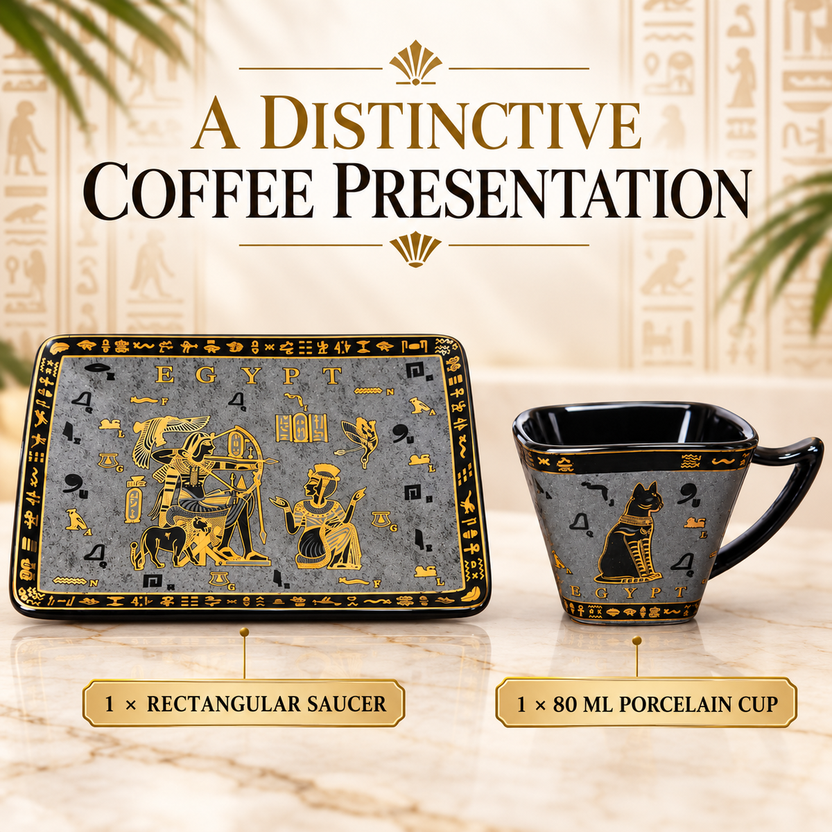 Egyptian Porcelain Espresso Cup & Saucer – Bastet Black & Gold, 80 ml
