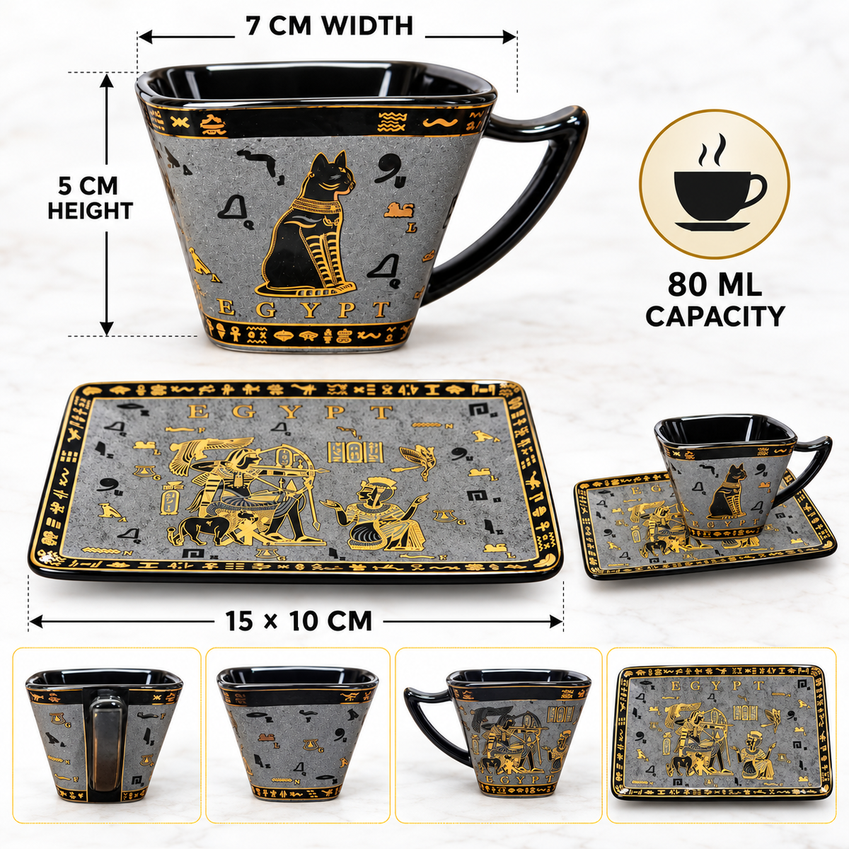 Egyptian Porcelain Espresso Cup & Saucer – Bastet Black & Gold, 80 ml