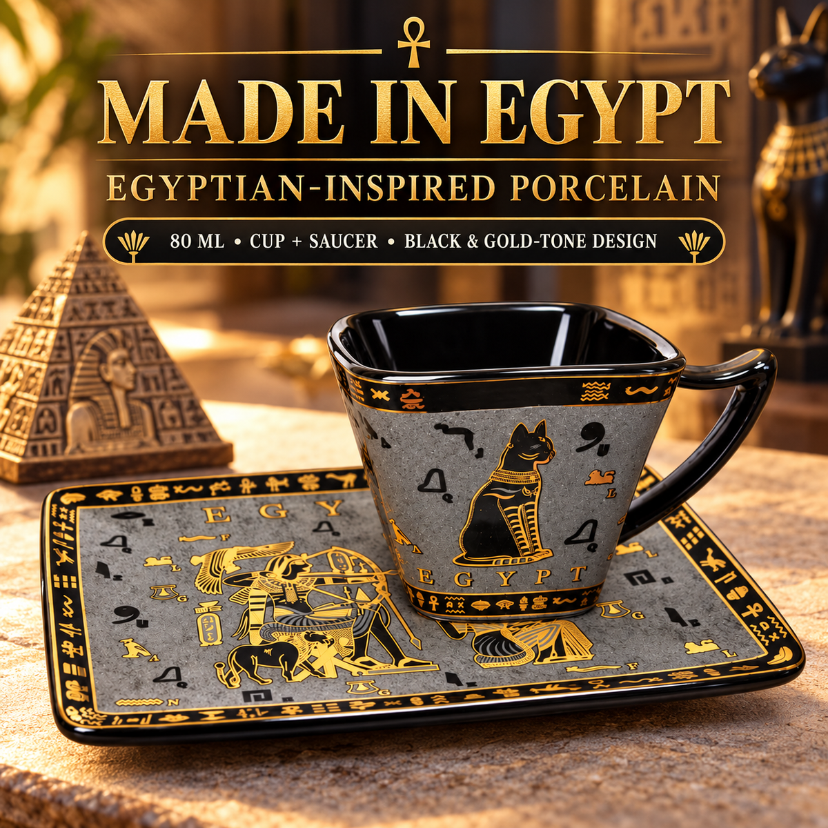 Egyptian Porcelain Espresso Cup & Saucer – Bastet Black & Gold, 80 ml