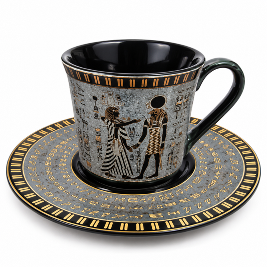 An Egyptian-themed ceramic coffee cup and saucer set. The cup features a black interior and handle, with a gray exterior decorated with gold hieroglyphs and figures.
