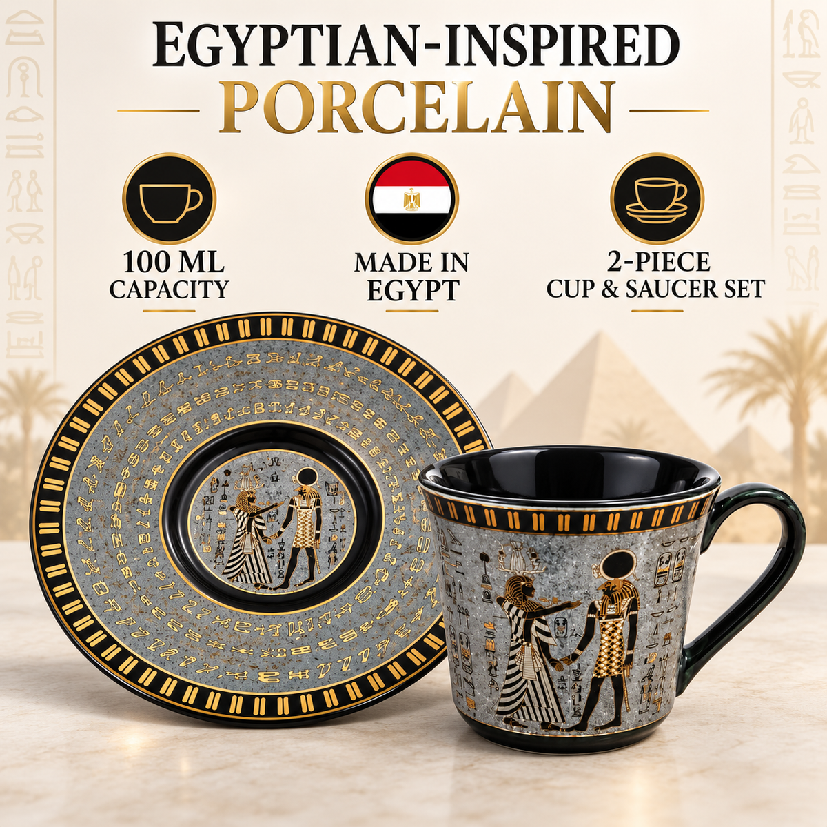 Egyptian-inspired porcelain cup and saucer set with black and gold hieroglyphic designs, shown on a light beige background with product feature icons and text.