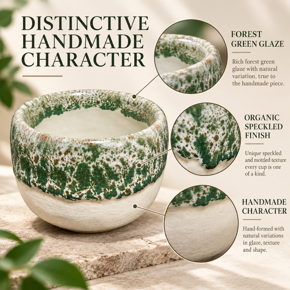 A handmade ceramic cup with a speckled forest green and beige glaze, shown on a stone surface with three circular detail callouts and text describing its organic speckled finish, forest green glaze, and handmade character.