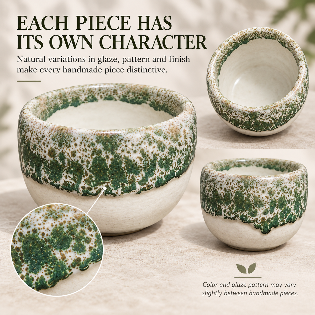 Three handmade ceramic bowls with a textured green and white glaze are displayed on a neutral beige surface, accompanied by a circular close-up detail inset. The image includes marketing text explaining that each piece has its own character due to natural variations in glaze and pattern.