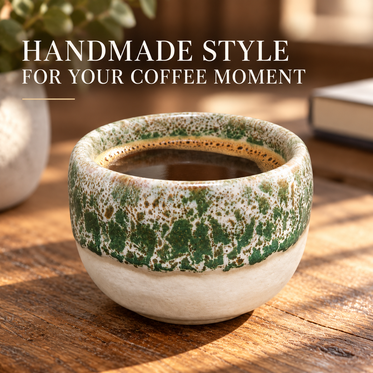 A handmade ceramic coffee cup with a green and beige speckled glaze, filled with coffee on a wooden table, with the text 'HANDMADE STYLE FOR YOUR COFFEE MOMENT' overlaid at the top.