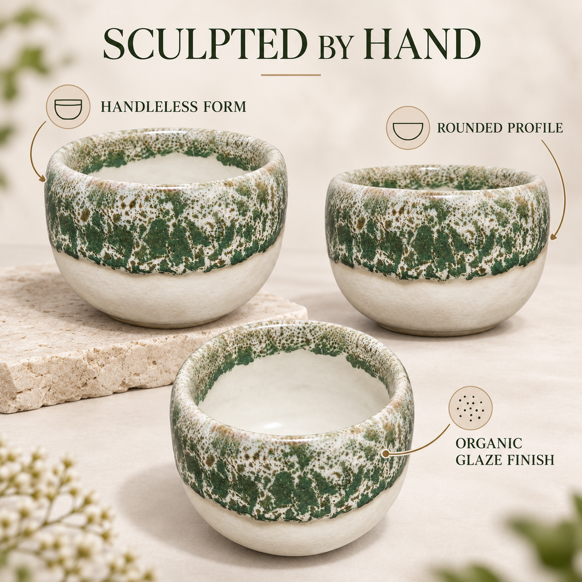 Three small handcrafted ceramic bowls with a textured green and white organic glaze finish, arranged on a neutral surface with text callouts describing their features.
