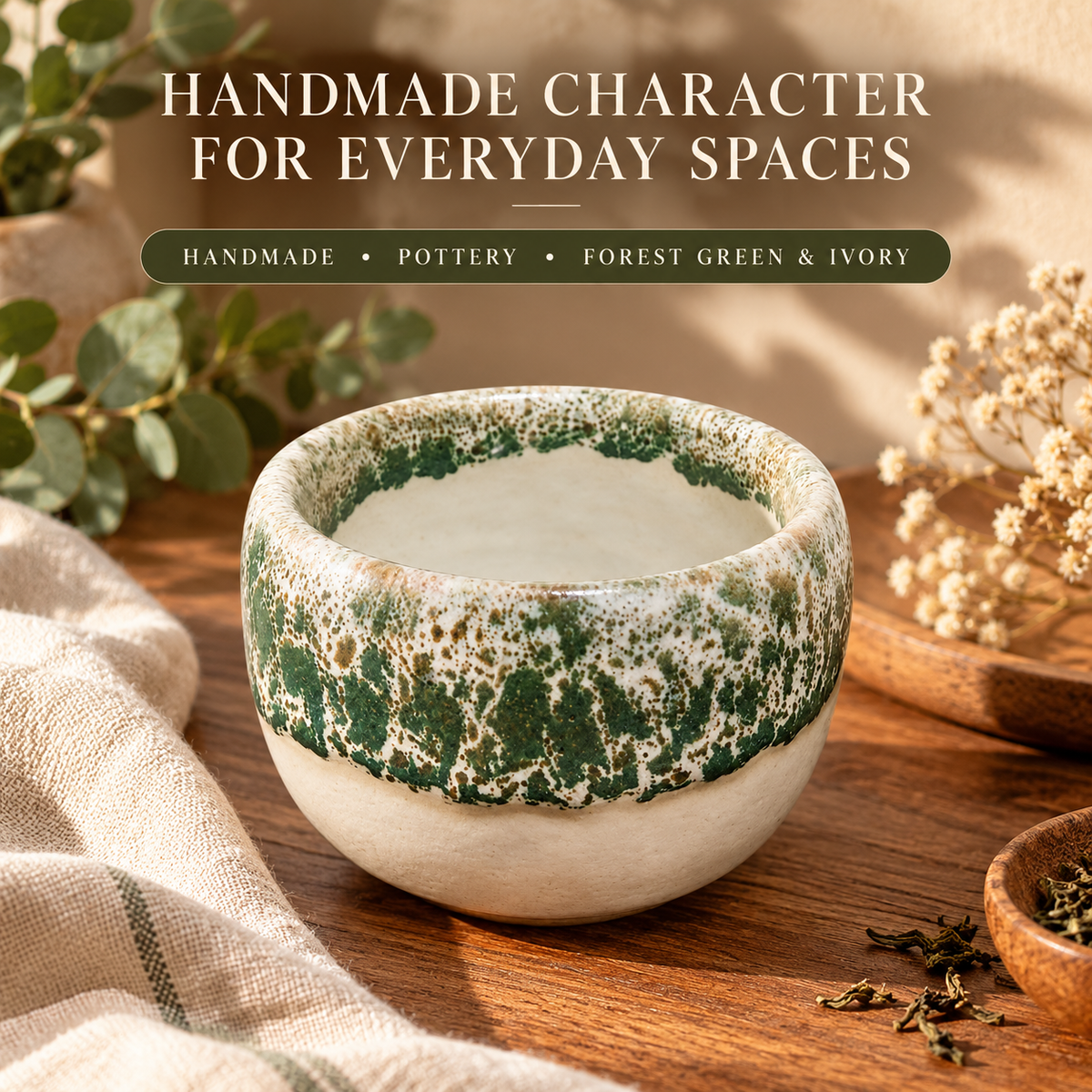 A handmade ceramic bowl with a forest green and ivory speckled glaze, displayed on a wooden table with a linen cloth, dried flowers, and tea leaves. Text at the top reads 'HANDMADE CHARACTER FOR EVERYDAY SPACES' with 'HANDMADE • POTTERY • FOREST GREEN & IVORY' below.