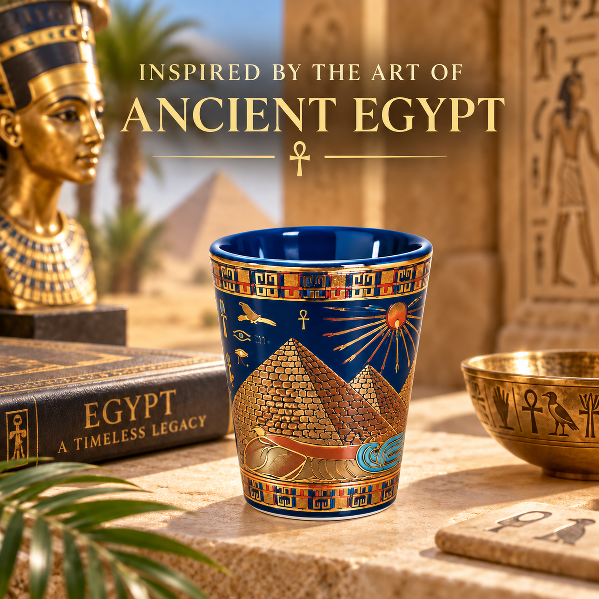 A blue and gold ceramic cup with an ancient Egyptian design featuring pyramids, hieroglyphs, and a sun, set on a stone surface with Egyptian-themed props including a gold bust, a book, and a bowl. Text at the top reads 'INSPIRED BY THE ART OF ANCIENT EGYPT'.
