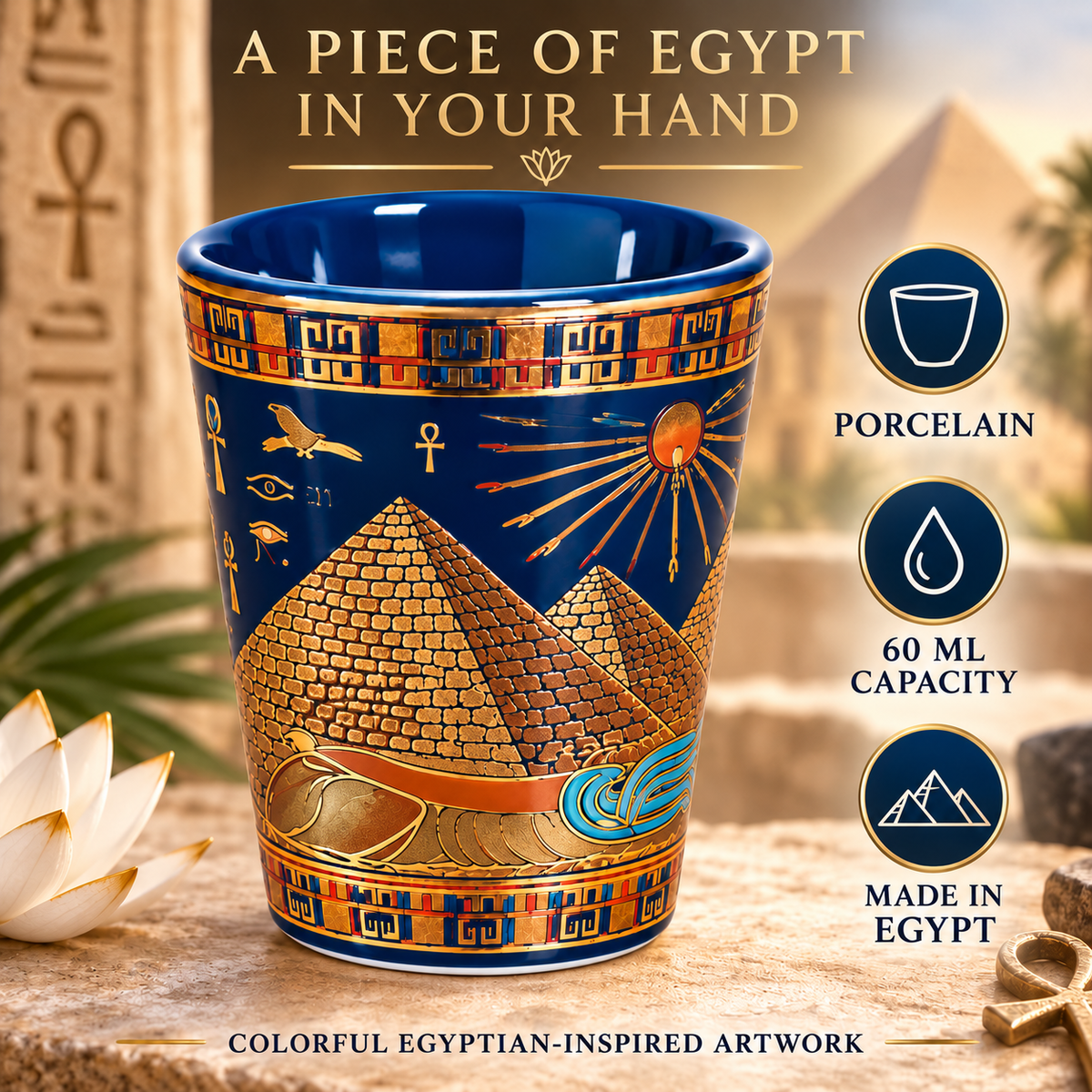 A blue and gold porcelain cup with Egyptian-themed artwork, including pyramids, an eye of Horus, and hieroglyphs, shown with marketing text and icons on a styled background.