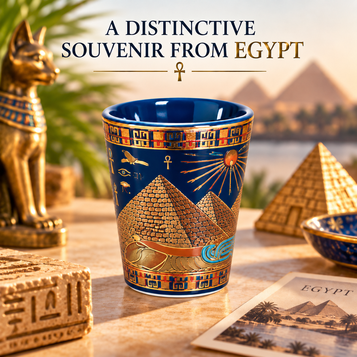 A blue and gold ceramic souvenir cup with Egyptian pyramids, an eye of Horus, and hieroglyphic designs, set on a wooden table with a gold cat figurine, a pyramid model, and a travel card in the background. Text at the top reads 'A DISTINCTIVE SOUVENIR FROM EGYPT'.