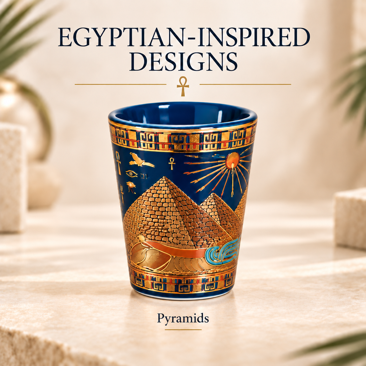 A ceramic cup with an Egyptian-inspired design featuring pyramids, a sun, and hieroglyphs on a dark blue background, styled on a stone surface with text overlays reading 'EGYPTIAN-INSPIRED DESIGNS' and 'Pyramids'.