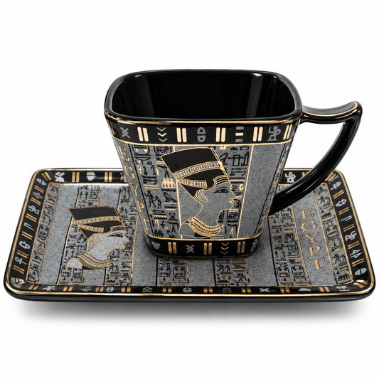 Egyptian-themed ceramic cup and saucer set with black and gold hieroglyphic designs, featuring a profile portrait of a pharaoh on the cup and a detailed hieroglyphic pattern on the saucer.