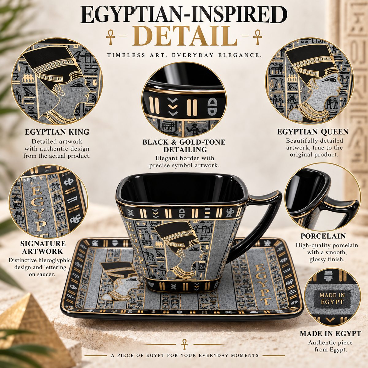 Egyptian-inspired ceramic cup and matching saucer set with black, gold, and gray hieroglyphic detailing, shown on a styled tabletop with circular detail callouts and promotional text.