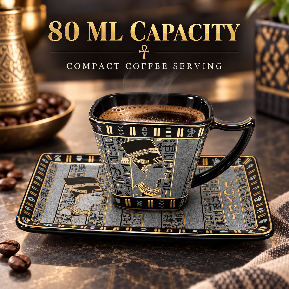 A black and gold coffee cup with matching saucer, filled with coffee and shown on a dark tabletop with coffee beans and decorative props. Text at the top reads '80 ML CAPACITY' and 'COMPACT COFFEE SERVING'.