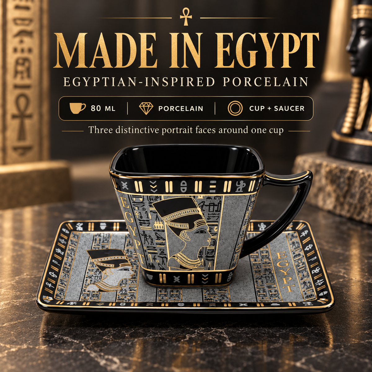 Egyptian-inspired porcelain cup and saucer set with gold and gray hieroglyphic designs, displayed on a dark marble surface with promotional text overlay.