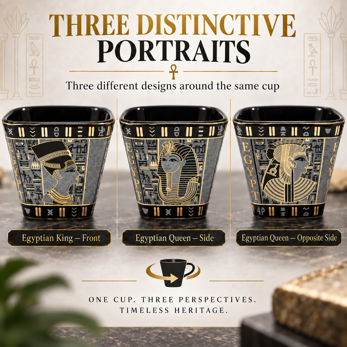 Three black and gold ceramic cups with Egyptian-themed hieroglyphic designs are displayed side by side under the text 'THREE DISTINCTIVE PORTRAITS' and 'Egyptian King', 'Egyptian Queen - Side', and 'Egyptian Queen - Opposite Side'.