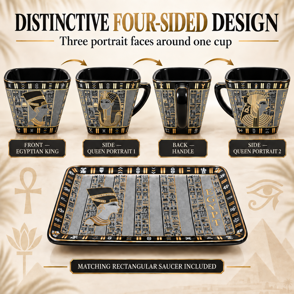 Egyptian-themed four-sided cup set with three portrait views around one cup, plus a matching rectangular saucer, shown on a beige graphic background with text labels.
