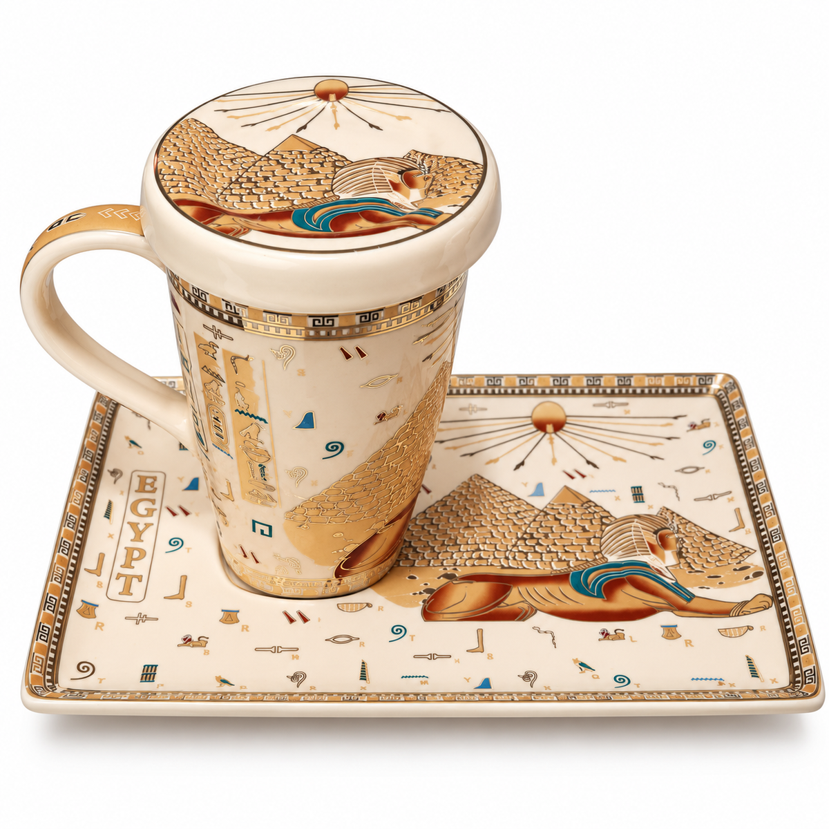 Egyptian-themed ceramic mug and matching saucer set with gold, brown, and blue hieroglyphic-style illustrations on a white background.