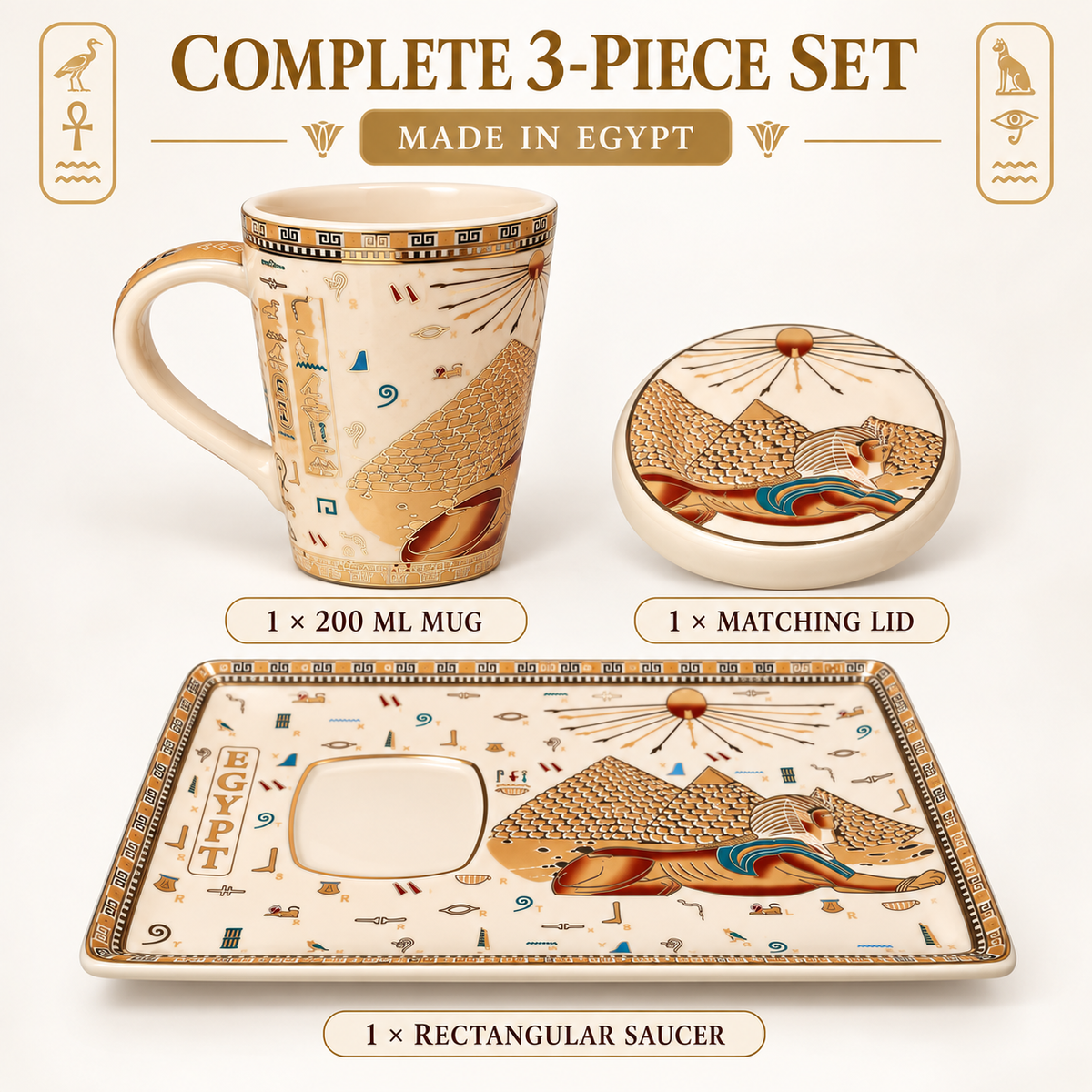 A 3-piece ceramic set with an Egyptian theme, featuring a 200 ml mug, a matching round lid, and a rectangular saucer, all decorated with gold and brown hieroglyphic patterns on a cream background.