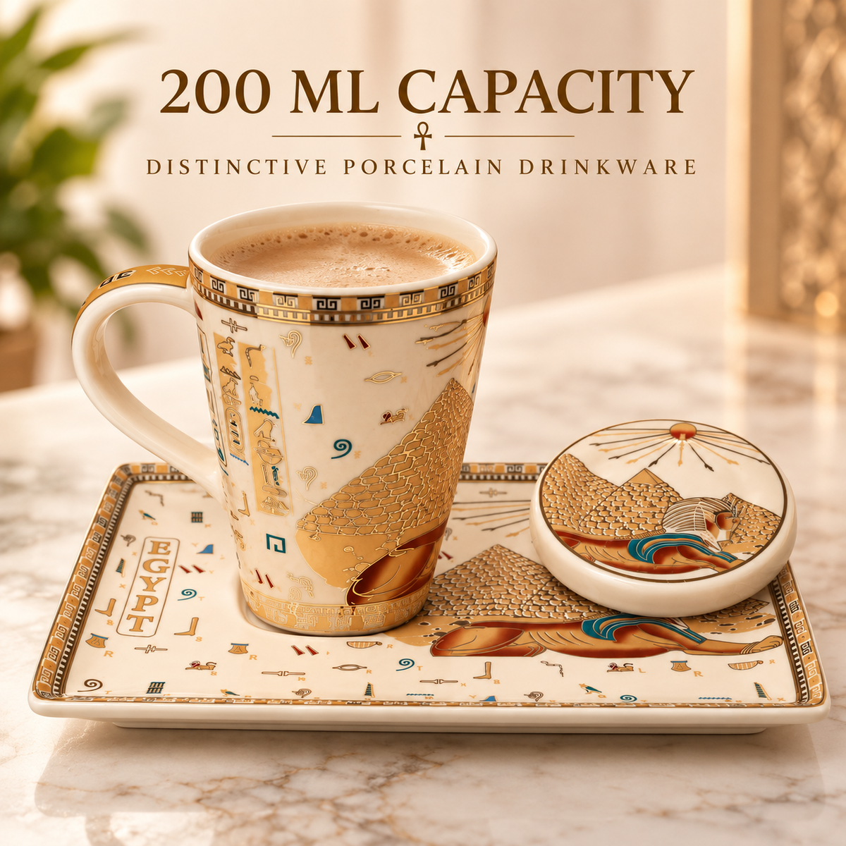 Egyptian-themed porcelain mug and matching saucer with a small round lidded cup, set on a marble surface. The set features gold glitter and traditional hieroglyphic illustrations on an off-white background.