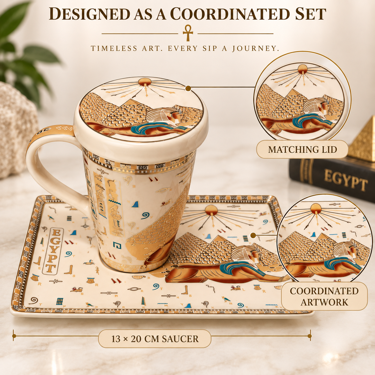A coordinated ceramic mug and matching saucer set with a lid, decorated with gold and blue Egyptian-inspired artwork and hieroglyphic symbols. The image includes callout circles showing matching lid detail and coordinated artwork detail, plus text reading 'Designed as a coordinated set' and '13 x 20 cm saucer.