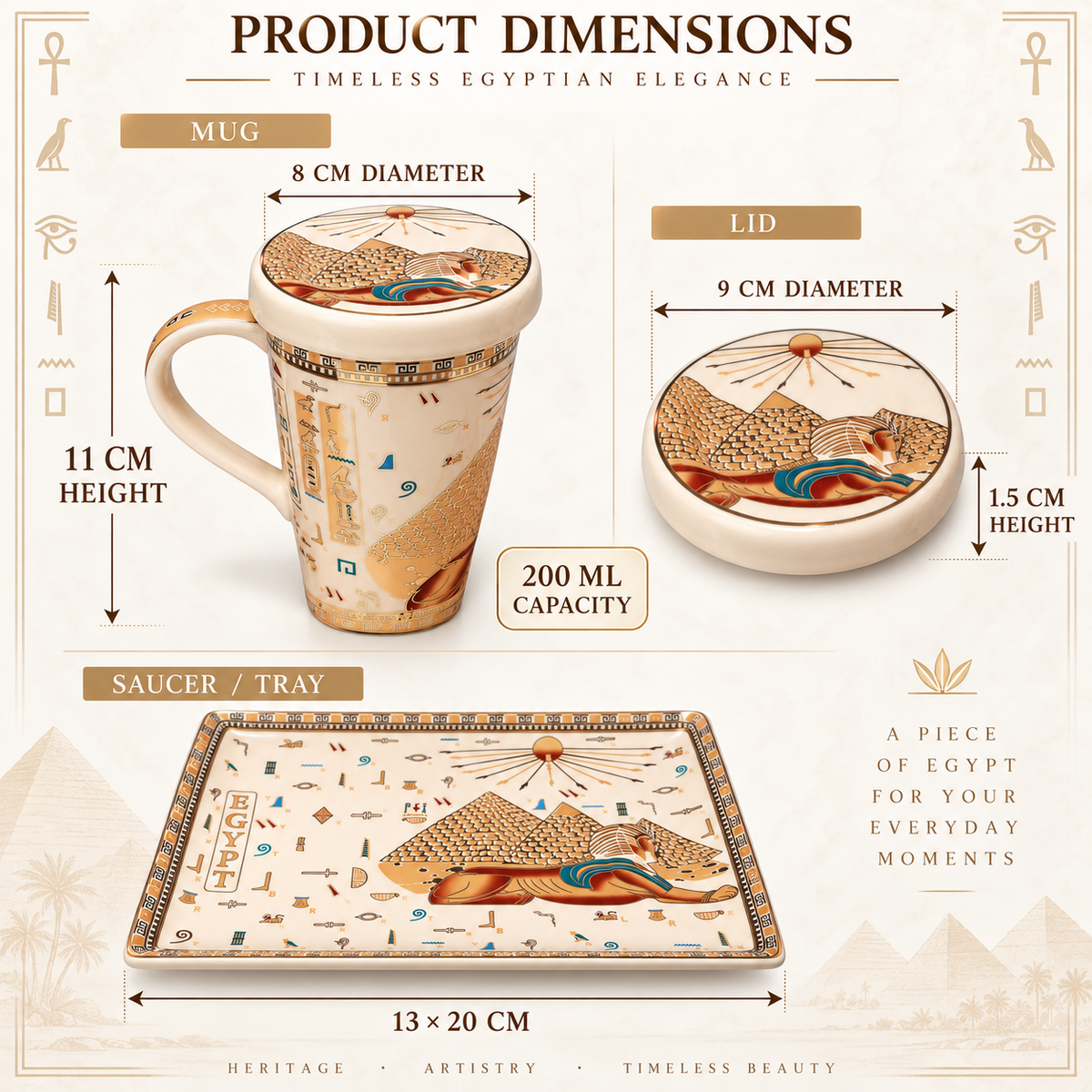 Product dimensions diagram for an Egyptian-themed ceramic mug set with lid and saucer/tray, showing measurements for the mug (8 cm diameter, 11 cm height, 200 ml capacity), lid (9 cm diameter, 1.5 cm height), and saucer (13 x 20 cm), on a cream background with decorative symbols.