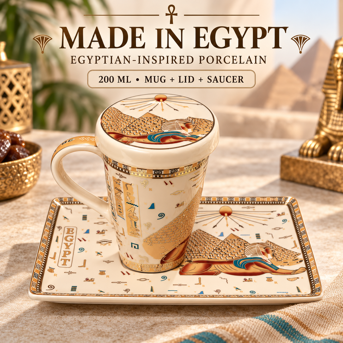 Egyptian-inspired porcelain mug, lid, and matching saucer set with hieroglyphic symbols, pyramids, and a sphinx design. The set is displayed on a table with a 'MADE IN EGYPT' text overlay at the top.