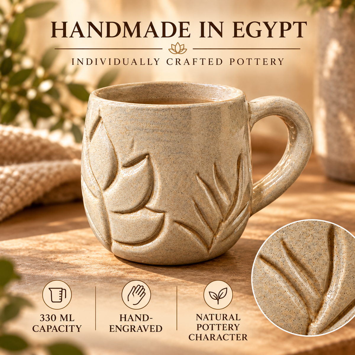 A beige ceramic mug with embossed leaf designs, displayed on a wooden surface with promotional text reading 'Handmade in Egypt' and feature icons below. A circular inset shows a close-up of the leaf texture.