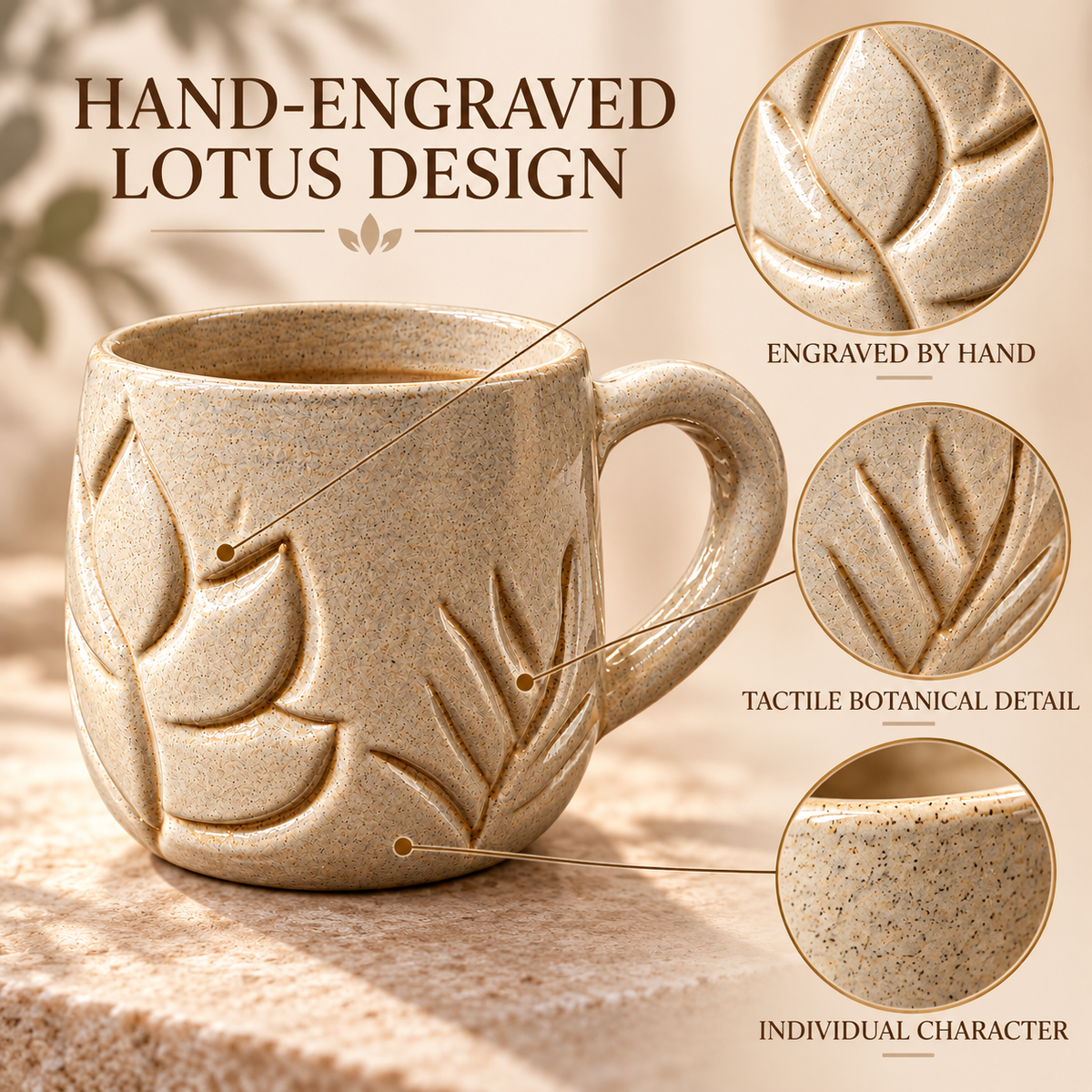 A beige ceramic mug with embossed lotus leaf designs, shown on a stone surface with text callouts highlighting hand-engraved details, tactile botanical detail, and individual character. The background is a warm beige with soft-focus foliage.
