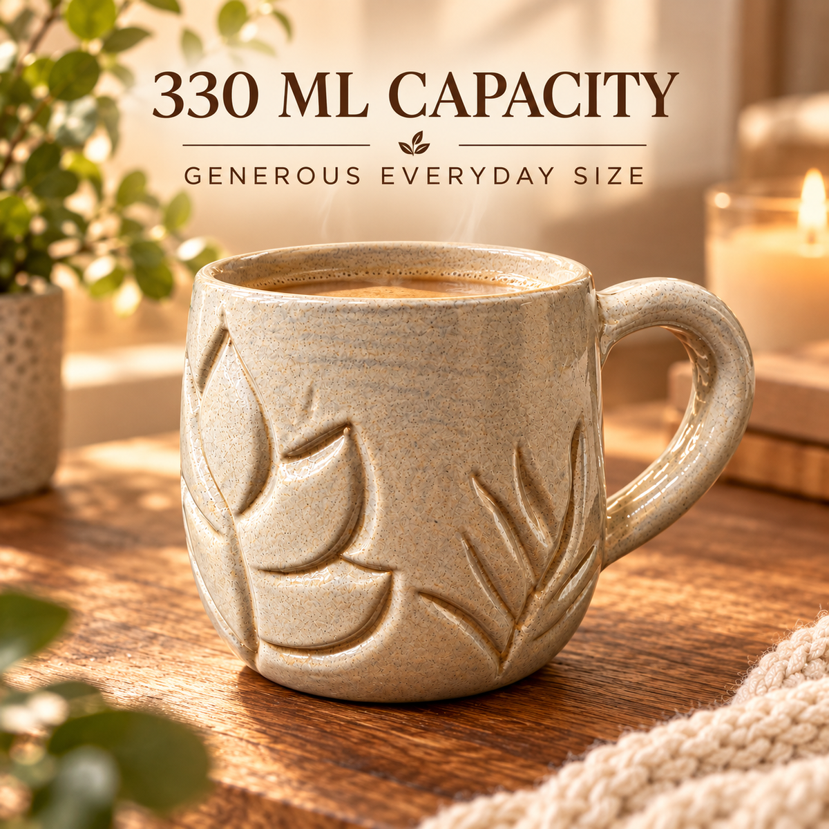 A textured beige ceramic mug with embossed leaf patterns, filled with coffee and placed on a wooden table in a warm, cozy setting with a candle and plants in the background. Text overlay reads '330 ML CAPACITY' and 'GENEROUS EVERYDAY SIZE'.