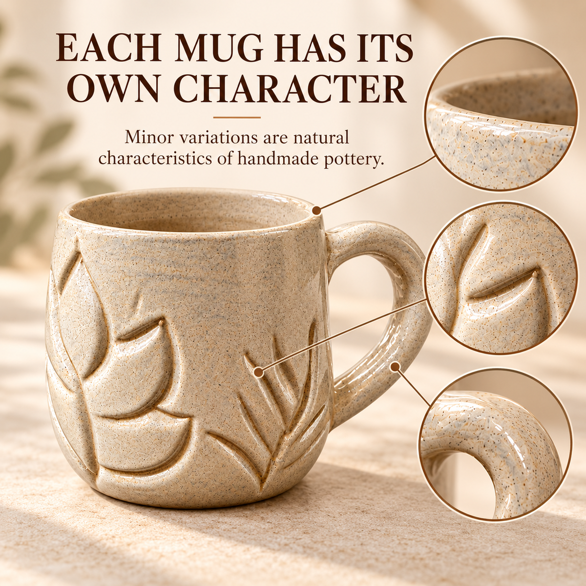 A handmade ceramic mug with embossed leaf patterns in a speckled beige glaze, shown with text and circular detail insets explaining the natural variations of handcrafted pottery.