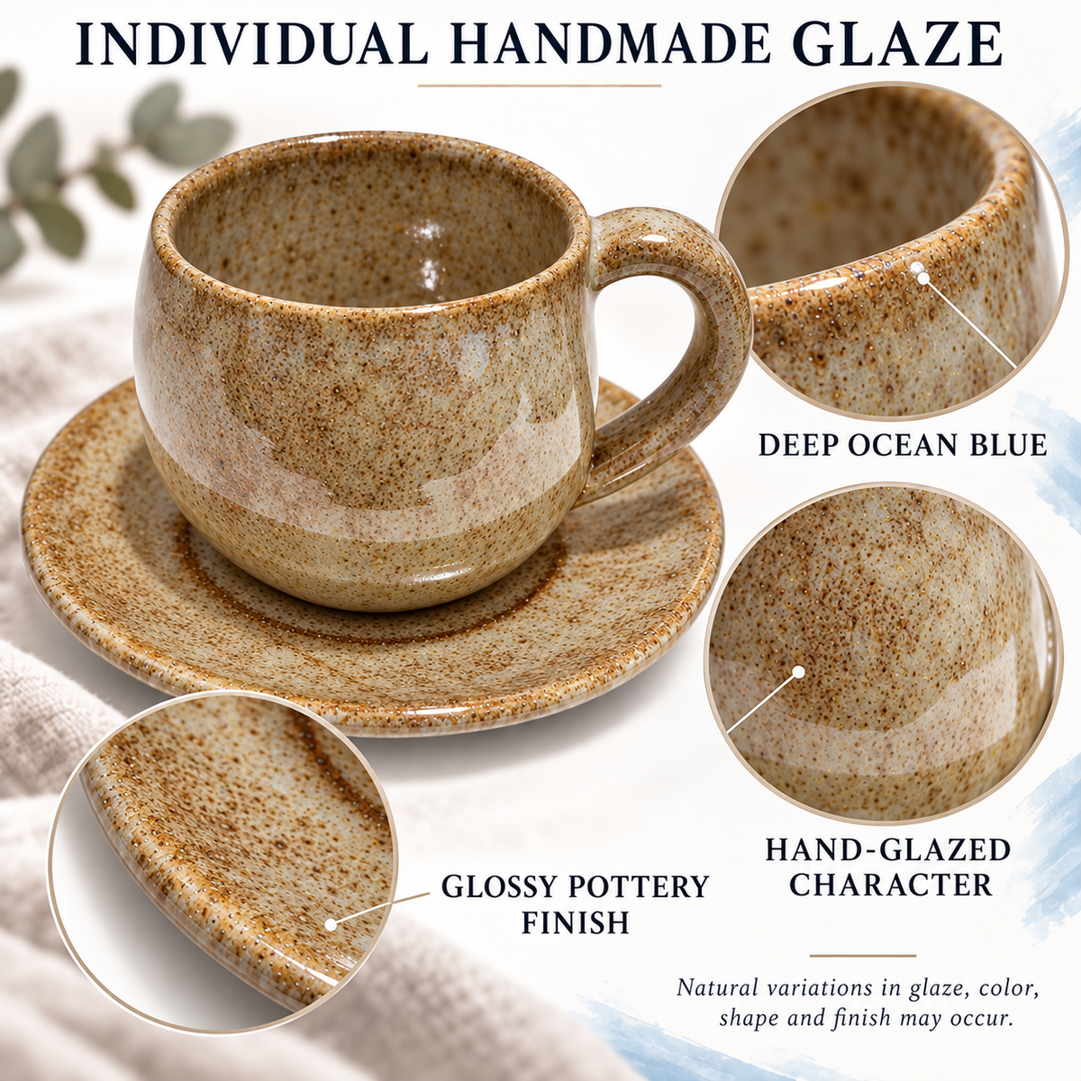 A ceramic cup and saucer set with a speckled hand-glazed finish, shown on a light fabric background with text callouts reading 'INDIVIDUAL HANDMADE GLAZE' and three circular close-ups labeled 'DEEP OCEAN BLUE,' 'GLISSY POTTERY FINISH,' and 'HAND-GLAZED CHARACTER.'.